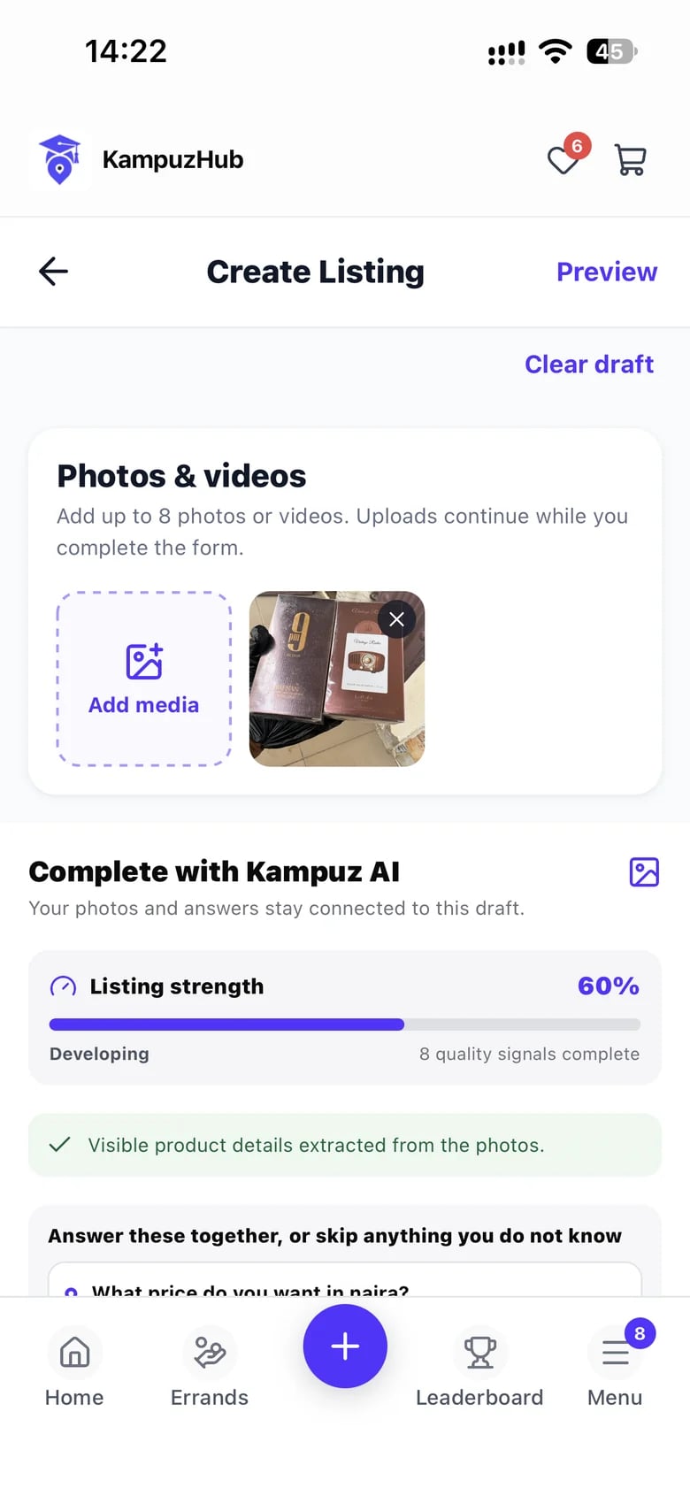 KampuzHub listing assistant showing a product draft and suggestions.