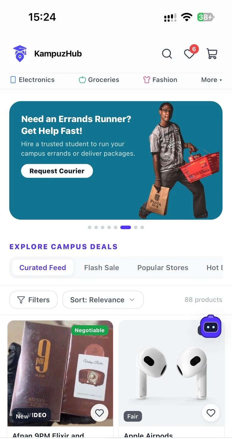 The real KampuzHub marketplace, with campus categories, product filters and nearby listings.