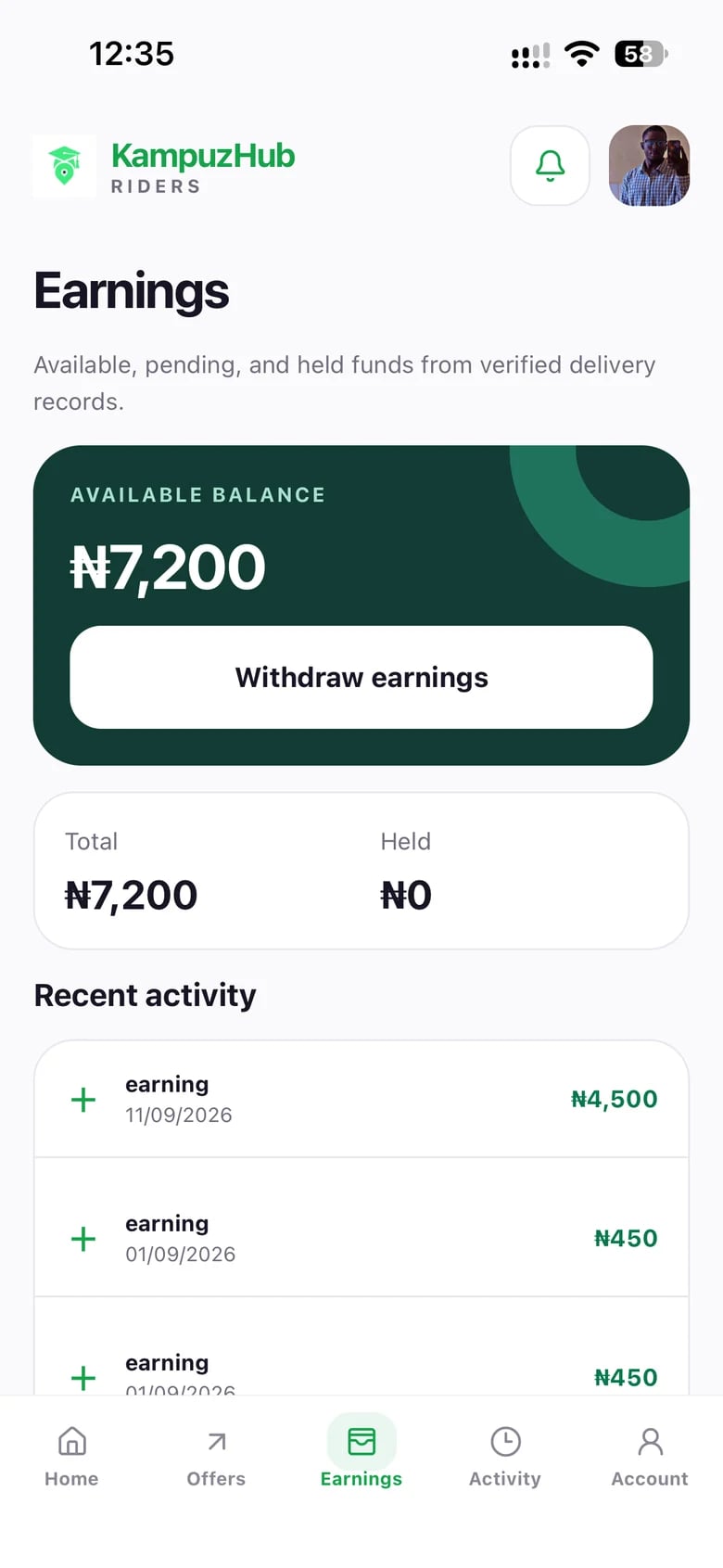 Original Rider app earnings screen with balance and transaction activity; example account, not an earnings promise.